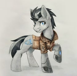 Size: 1454x1438 | Tagged: safe, artist:dark lightning, oc, oc only, earth pony, pony, clothes, jacket, leather jacket, photo, solo, traditional art