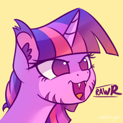 Size: 1000x1000 | Tagged: safe, artist:lollipony, derpibooru import, twilight sparkle, big cat, cat, cat pony, hybrid, original species, tiger, unicorn, bust, cute, ear fluff, fangs, female, no pupils, portrait, rawr, simple background, solo, species swap, stripes, twiabetes, twiger, twilight cat, yellow background