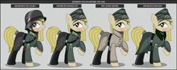 Size: 1280x512 | Tagged: safe, artist:brony-works, oc, oc only, earth pony, pony, boots, clothes, earth pony oc, eyelashes, female, hat, helmet, mare, nazi germany, raised hoof, reference sheet, shoes, smiling, solo, uniform, wehrmacht, world war ii