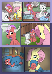 Size: 2893x4092 | Tagged: safe, artist:mustachedbain, derpibooru import, fluttershy, oc, oc:august, oc:izen, oc:rexion, dragon, pegasus, pony, comic:my dragon children, adopted offspring, alternate hairstyle, blanket, comic, dish, female, hug, male, mother and child, mother and son, parent and child