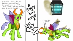 Size: 1280x720 | Tagged: safe, artist:termyotter, thorax, changedling, changeling, behaving like a moth, bug zapper, bugs doing bug things, burnt, descriptive noise, fail, king thorax, lamp, solo, star wars, this ended in pain