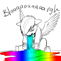 Size: 1000x1000 | Tagged: safe, artist:aphexangel, scootaloo, pegasus, pony, partial color, puking rainbows, rainbow barf, spread wings, stalkerloo, vomit, vomiting, wings