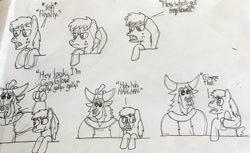 Size: 1280x782 | Tagged: safe, artist:whistle blossom, cozy glow, lord tirek, centaur, pegasus, pony, bow, comic, derp, dialogue, disney, duo, duo male and female, female, filly, foal, golly, hair bow, male, monochrome, parody, pixar, scene parody, simple background, sketch, toy story, traditional art, white background