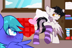 Size: 3000x2000 | Tagged: safe, artist:etoz, oc, oc only, oc:aury, oc:congy, pegasus, pony, blushing, clothes, commission, female, happy, male, mare, pegasus oc, smiling, socks, stallion, striped socks, wings, ych result