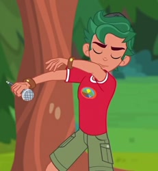 Size: 500x541 | Tagged: safe, screencap, timber spruce, equestria girls, legend of everfree, camp everfree logo, camp everfree outfits, clothes, cropped, eyes closed, male, microphone, shorts