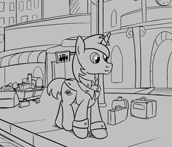 Size: 700x600 | Tagged: safe, artist:sirvalter, oc, oc only, oc:scripted switch, pony, unicorn, fanfic:steyblridge chronicle, baltimare, black and white, city, clothes, fanfic, fanfic art, grayscale, hooves, horn, illustration, male, monochrome, scientist, solo, stallion, suit, suitcase, tuxedo