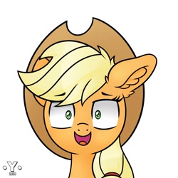 Size: 2000x2000 | Tagged: safe, artist:yelowcrom, derpibooru import, applejack, earth pony, pony, bust, cute, ear fluff, female, hat, jackabetes, looking at you, mare, open mouth, portrait, simple background, solo, white background, wide eyes, wtf