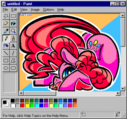 Size: 1700x1600 | Tagged: safe, artist:binkyt11, derpibooru import, pinkie pie, earth pony, pony, '90s, :p, april fools 2020, female, limited palette, mare, ms paint, solo, tongue out, windows, windows 95