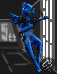 Size: 1024x1326 | Tagged: safe, artist:adhiguna, artist:johnathon-matthews, oc, oc:film strip, anthro, pegasus, blaster, deviantart watermark, galactic empire, may the fourth be with you, obtrusive watermark, star wars, watermark