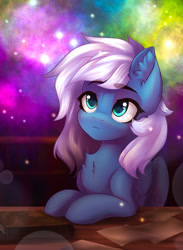 Size: 1393x1900 | Tagged: safe, artist:falafeljake, oc, oc:vesperal breeze, pegasus, pony, book, chest fluff, daydream, ear fluff, female, mare, nebula, paper, psychic powers, solo, starfield, table