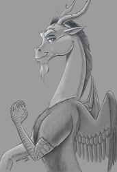 Size: 900x1316 | Tagged: safe, artist:baron engel, discord, draconequus, bust, calm, clip studio paint, digital painting, gray background, grayscale, looking at you, male, monochrome, portrait, profile, simple background, smiling, solo, study