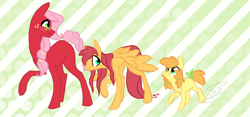 Size: 1006x469 | Tagged: safe, artist:owllion, oc, oc only, oc:clutter flutter, oc:golden delicious, oc:honey crisp, earth pony, pegasus, pony, blank flank, colt, female, filly, freckles, male, offspring, parent:big macintosh, parent:fluttershy, parents:fluttermac, siblings