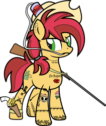 Size: 4000x4742 | Tagged: safe, alternate version, artist:icey-wicey-1517, artist:n0kkun, color edit, edit, oc, oc only, oc:rootin' tootin', earth pony, pony, collaboration, alcohol, beer, beer can, blackletter, can, color, colored, cowboy hat, double barreled shotgun, drinking hat, ear piercing, earring, female, gun, handgun, hat, holster, jewelry, mare, piercing, redneck, revolver, shotgun, simple background, solo, tattoo, transparent background, weapon