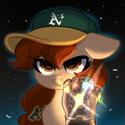 Size: 677x677 | Tagged: safe, artist:colorfulcolor233, oc, oc only, oc:vanilla creame, baseball cap, cap, fist, glow, hat, infinity gauntlet, infinity stones, oakland athletics, simple background, space, space background