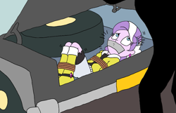 Size: 1311x845 | Tagged: safe, artist:bugssonicx, diamond tiara, equestria girls, accessories, bondage, boots, bound and gagged, car, clothes, diamondsub tiara, ear piercing, earring, female, femsub, gag, jacket, jewelry, kidnapped, offscreen character, peril, piercing, scared, shirt, shoes, skirt, solo focus, submissive, tape, tape gag, tied up, trunk, wheel