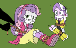 Size: 2228x1421 | Tagged: safe, artist:bugssonicx, diamond tiara, sweetie belle, equestria girls, accessories, arm behind back, belt, bondage, boots, bound and gagged, cloth gag, clothes, diamondsub tiara, ear piercing, earring, female, femsub, gag, jacket, jewelry, kidnapped, looking at someone, looking back, peril, piercing, scared, shirt, shoes, simple background, skirt, submissive, sweat, sweetiesub, tied up, tying