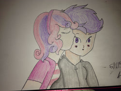 Size: 2828x2121 | Tagged: safe, artist:dinogrl, scootaloo, sweetie belle, equestria girls, clothes, eyes closed, female, kiss on the cheek, kissing, lesbian, scootabelle, shipping, traditional art