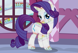 Size: 727x497 | Tagged: safe, artist:badumsquish, derpibooru exclusive, derpibooru import, edit, rarity, pony, unicorn, zebra, zebracorn, april fools 2020, bedroom eyes, carousel boutique, day, derpibooru theme illusion, eyeliner, flirty, illusion, lidded eyes, looking at you, makeup, quadrupedal, show accurate, smiling, solo, stars, window