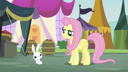 Size: 1920x1080 | Tagged: safe, derpibooru import, screencap, angel bunny, fluttershy, pegasus, pony, rabbit, she talks to angel, animal, body swap, duo, female, frown, male, mare