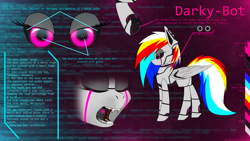 Size: 1920x1080 | Tagged: safe, artist:skanim-sdw, oc, oc only, oc:darky-bot, pegasus, pony, robot, robot pony, black sclera, fangs, female, glowing eyes, led, multicolored hair, neon, open mouth, pink eyes, reference, reference sheet, underhoof