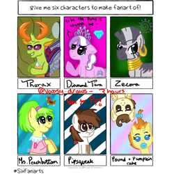 Size: 1080x1080 | Tagged: safe, artist:vassy.draws, chickadee, diamond tiara, ms. peachbottom, pipsqueak, pound cake, pumpkin cake, thorax, zecora, bird, changedling, changeling, chicken, earth pony, pegasus, pony, unicorn, zebra, baby, baby pony, bow, bust, cake twins, clothes, colt, crying, diamond, ear piercing, earring, female, filly, freckles, grin, hair bow, hooves together, jewelry, king thorax, male, mare, neck rings, pacifier, piercing, raised hoof, siblings, six fanarts, smiling, text, tiara, twins, underhoof, upside down