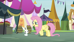 Size: 1920x1080 | Tagged: safe, derpibooru import, screencap, angel bunny, fluttershy, pegasus, pony, rabbit, she talks to angel, animal, body swap, duo, female, male, mare, raised hoof, tent