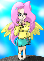 Size: 1562x2184 | Tagged: safe, artist:meganekkoplymouth241, derpibooru import, fluttershy, human, anklet, barefoot, clothes, cute, cutie mark, cutie mark on clothes, feet, female, hairpin, humanized, jewelry, one eye closed, pendant, shirt, shyabetes, skirt, solo, toenails, winged humanization, wings, wink