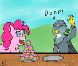 Size: 1000x850 | Tagged: safe, artist:paw-of-darkness, derpibooru import, gabby, pinkie pie, earth pony, griffon, pony, atg 2020, cupcake, cute, food, gabbybetes, newbie artist training grounds, plates, surprised