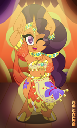 Size: 2400x4000 | Tagged: safe, artist:snakeythingy, saffron masala, belly dancer, belly dancer outfit, bipedal, dancer, harem outfit, looking at you, one eye closed, story included, the tasty treat, wink, winking at you