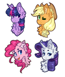 Size: 982x1167 | Tagged: safe, artist:silentwolf-oficial, derpibooru import, applejack, pinkie pie, rarity, twilight sparkle, earth pony, pony, unicorn, bust, chest fluff, cute, ear fluff, female, fluffy, mare, one eye closed, open mouth, portrait, signature, simple background, smiling, transparent background, wink