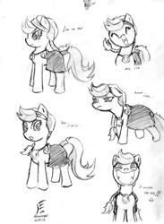 Size: 782x1071 | Tagged: safe, artist:masternodra, oc, earth pony, pony, clothes, female, grayscale, grin, mare, monochrome, pencil drawing, signature, smiling, tail wrap, traditional art, unnamed oc