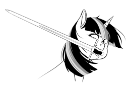 Size: 4012x2773 | Tagged: safe, artist:llama_draws, derpibooru import, twilight sparkle, pony, unicorn, bust, monochrome, mouth hold, solo, sword, sword in mouth, weapon