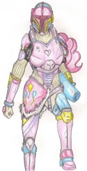 Size: 894x1756 | Tagged: safe, artist:thegloriesbigj, derpibooru import, pinkie pie, human, armor, crossover, female, humanized, mandalorian, party cannon, simple background, solo, star wars, traditional art, white background
