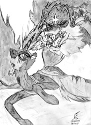 Size: 782x1071 | Tagged: safe, artist:masternodra, nightmare moon, alicorn, pony, wolf, fanfic:past sins, duo, fanfic art, female, grayscale, injured, lupus major, mare, monochrome, pencil drawing, signature, traditional art
