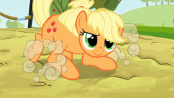 Size: 1920x1080 | Tagged: safe, derpibooru import, screencap, applejack, earth pony, pony, the last roundup, confident, female, green eyes, landing, mare, narrowed eyes, smiling, solo, training