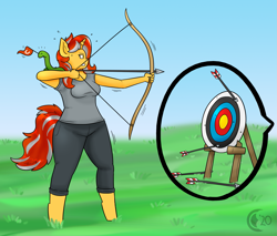 Size: 1949x1663 | Tagged: safe, artist:chocend, oc, oc only, oc:cinderheart, anthro, snake, unguligrade anthro, unicorn, archery, arrow, bow, cheering, clothes, commission, female, flag, grass, gritted teeth, practice, shading, shirt, sky, solo, sweat, t-shirt, target, trembling