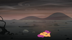 Size: 1280x720 | Tagged: safe, edit, edited screencap, editor:scootabuser, screencap, scootaloo, the cutie re-mark, alternate timeline, ashlands timeline, barren, crying, implied genocide, post-apocalyptic, scootalone, solo, wasteland