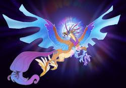 Size: 4724x3300 | Tagged: safe, artist:turnipberry, oc, oc only, alicorn, alicorn oc, banana peel, colored horn, curved horn, dark background, hand, horn, magic, magic hands, solo, spread wings, wings