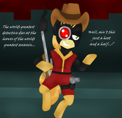 Size: 1577x1531 | Tagged: safe, artist:blackbewhite2k7, braeburn, earth pony, pony, bipedal, clothes, deadshot, gun, handgun, pistol, shotgun, text, weapon