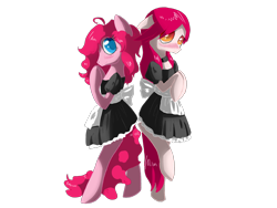 Size: 1600x1200 | Tagged: safe, artist:tomat-in-cup, derpibooru import, pinkie pie, oc, oc:cotton candy, earth pony, pony, bipedal, blushing, clothes, duo, female, maid, mare, simple background, transparent background