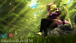 Size: 2880x1620 | Tagged: safe, artist:shadowboltsfm, derpibooru import, fluttershy, anthro, pegasus, plantigrade anthro, 3d, barefoot, breasts, clothes, eyes closed, feet, forest, grass, high res, hootershy, nail polish, relaxing, scenery, sitting, source filmmaker, sun ray, sweater, sweatershy, wings