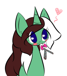 Size: 500x563 | Tagged: safe, artist:kaggy009, oc, oc:peppermint pattie (unicorn), pony, unicorn, ask peppermint pattie, chocolate leek, female, leek, mare, mouth hold, solo