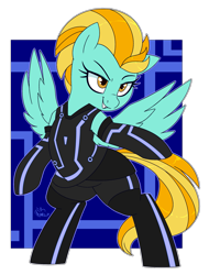 Size: 1761x2312 | Tagged: safe, artist:notenoughapples, lightning dust, pegasus, pony, abstract background, bipedal, clothes, cosplay, costume, crossover, female, mare, solo, tron, tron legacy