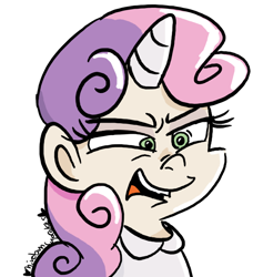 Size: 728x800 | Tagged: safe, artist:mirabuncupcakes15, sweetie belle, human, clothes, disgusted, do not want, eyeshadow, female, horn, horned humanization, humanized, makeup, open mouth, redraw, shirt, simple background, solo, white background