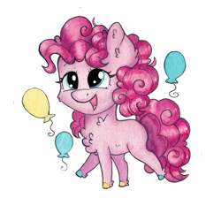 Size: 1535x1535 | Tagged: safe, artist:lightisanasshole, derpibooru import, pinkie pie, earth pony, pony, adorable face, balloon, chest fluff, chibi, colored hooves, curly mane, cute, ear fluff, leg fluff, neck fluff, open mouth, raised eyebrow, raised hoof, redesign, simple background, smiley face, solo, transparent background, wavy mane