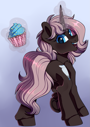 Size: 809x1140 | Tagged: safe, artist:breioom, oc, oc only, oc:sugardawn, pony, unicorn, cupcake, female, food, looking back, magic, mare, solo