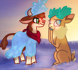 Size: 999x896 | Tagged: safe, artist:bublebee123, arizona cow, velvet reindeer, cow, deer, reindeer, them's fightin' herds, annoyed, bandana, clothes, cloven hooves, community related, dress, female, hat