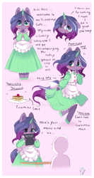 Size: 900x1697 | Tagged: safe, artist:ipun, oc, oc only, oc:galaxy lotus, anthro, unguligrade anthro, unicorn, anthro oc, arm hooves, blushing, cake, chibi, clothes, crossdressing, deviantart watermark, dress, femboy, food, friendship cafe, maid, male, obtrusive watermark, shy, solo, stallion, watermark