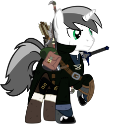 Size: 1280x1380 | Tagged: safe, artist:tales-fables, oc, oc:duststrife, pony, unicorn, arrow, bag, male, quiver, saddle bag, scar, simple background, stallion, sword, transparent background, weapon