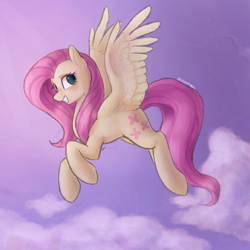 Size: 1000x1000 | Tagged: safe, artist:nodambol, derpibooru import, fluttershy, pegasus, pony, cloud, female, flying, grin, looking at you, looking sideways, mare, sky, smiling, solo, spread wings, wings